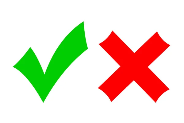 Галочка и крест символы для дизайнера зеленый и красный на белом фоне, изолировать, крупным планом, копировать пространство — стоковое фото