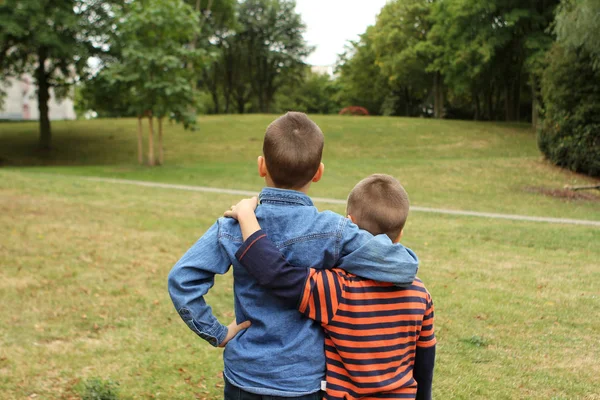 Meninos, pré-escolar, estudante da escola primária estão de costas juntas, abraçando no parque — Fotografia de Stock