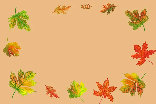 Hand-drawn picture with autumn leaves of maple and other trees. Autumn abstract background. yellow background, fall concept, close up, copy space — Stock Photo, Image