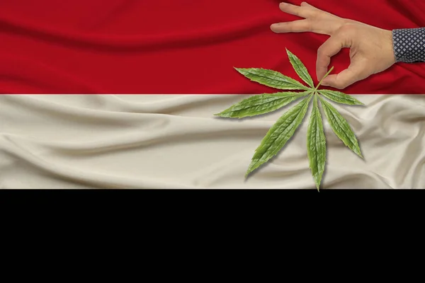 Męski ręka trzyma liść konopi na tle jedwabiu narodowej flagi Jemenu, koncepcja narkotyków, zbliżenie, przestrzeń kopiowania — Zdjęcie stockowe