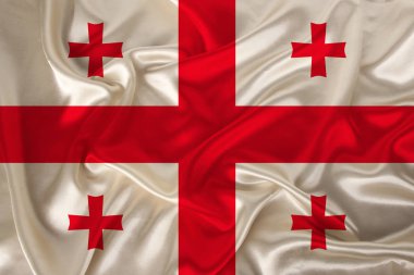 saten lüks bir doku üzerinde Gürcistan ulusal bayrağı nın fotoğraf, dalgalar, kıvrımlar ve vurgular ile ipek, closeup, kopya alanı, illüstrasyon