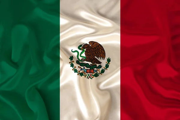 Foto da bandeira nacional do estado do méxico em uma textura luxuosa de cetim, seda com ondas, dobras e destaques, close-up, espaço de cópia, ilustração — Fotografia de Stock
