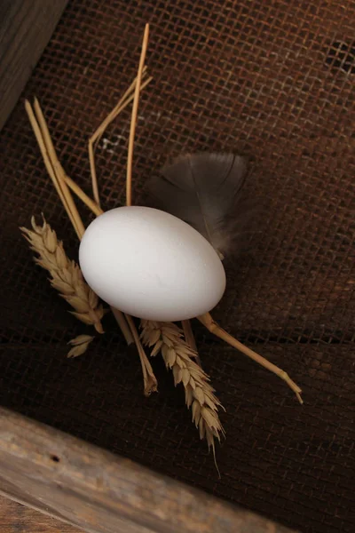 Weißes Ei liegt in einer Holzkiste, alt, Grunge, Konzept, Nahaufnahme, Kopierraum — Stockfoto