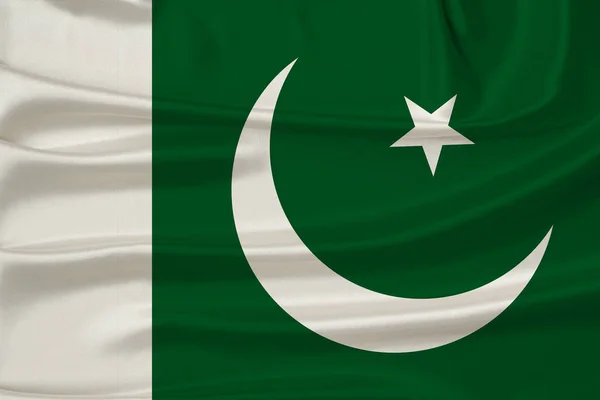 Vacker bild av den nationella flaggan i Pakistan på delikat glänsande silke med mjuka draperier, begreppet statlig makt, Lantliv, horisontell, närbild, kopiera utrymme — Stockfoto