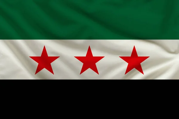 Schöne Fotografie der Nationalflagge der syrischen Opposition auf zarter, glänzender Seide mit weichen Drapierungen, das Konzept der Staatsmacht, das Landleben, horizontal, Nahaufnahme, Kopierraum — Stockfoto
