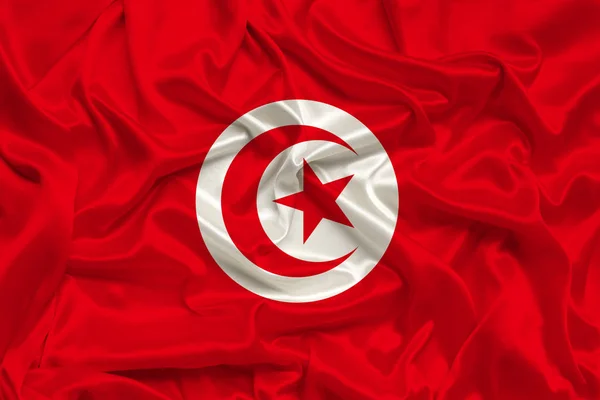 Vacker bild av den nationella flaggan i Tunisien på delikat glänsande silke med mjuka draperier, begreppet statlig makt, Lantliv, horisontell, närbild, kopiera utrymme — Stockfoto