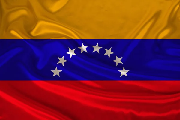 Foto della bandiera nazionale del Venezuela su una lussuosa trama di raso, seta con onde, pieghe e punti salienti, primo piano, spazio copia, illustrazione — Foto Stock