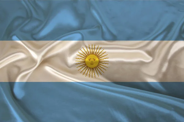 Foto de la bandera nacional de Argentina en una textura lujosa de satén, seda con olas, pliegues y reflejos, primer plano, espacio para copiar, concepto de viaje, economía y política de estado, ilustración — Foto de Stock