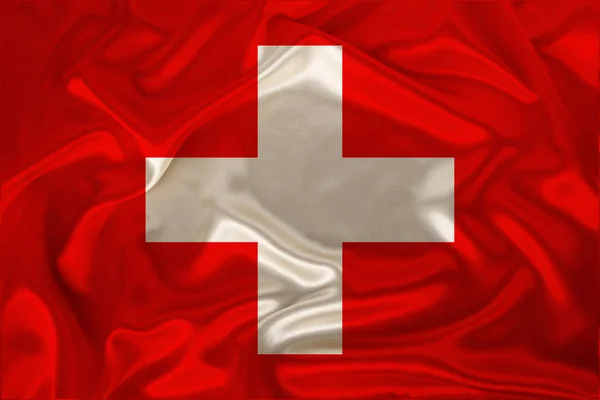 Photo of the national flag of Switzerland on a luxurious texture of satin, silk with waves, folds and highlights, closeup, copy space, travel concept, economy and state policy, illustration — Stock Photo, Image