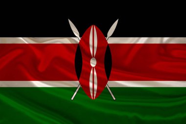 saten lüks bir doku üzerinde Kenya ulusal bayrağı nın fotoğraf, dalgalar, kıvrımlar ve vurgular ile ipek, yakın çekim, uzay kopyalamak, seyahat kavramı, ekonomi ve devlet politikası, illüstrasyon