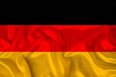 saten lüks bir doku üzerinde Almanya ulusal bayrağının fotoğraf, dalgalar, kıvrımlar ve vurgular ile ipek, yakın çekim, kopya alanı, seyahat kavramı, ekonomi ve devlet politikası, illüstrasyon