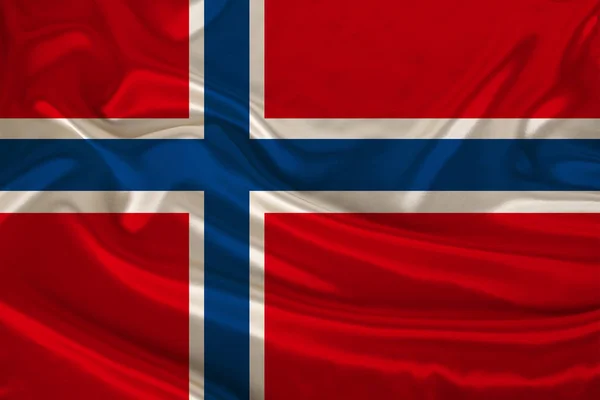 Saten lüks bir doku üzerinde Norveç ulusal bayrağı nın fotoğraf, dalgalar, kıvrımlar ve vurgular ile ipek, yakın çekim, kopya alanı, seyahat kavramı, ekonomi ve devlet politikası, illüstrasyon — Stok fotoğraf