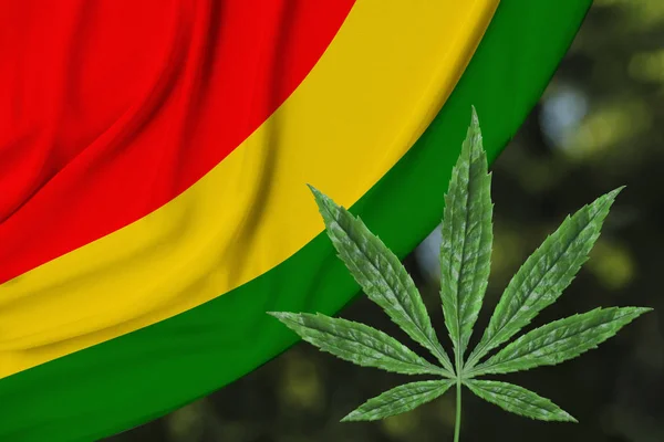 Hoja verde de cáñamo y la hermosa bandera nacional de seda de Bolivia, el concepto de cannabis medicinal, la legalización de las drogas, los delitos de tráfico de drogas, el primer plano — Foto de Stock