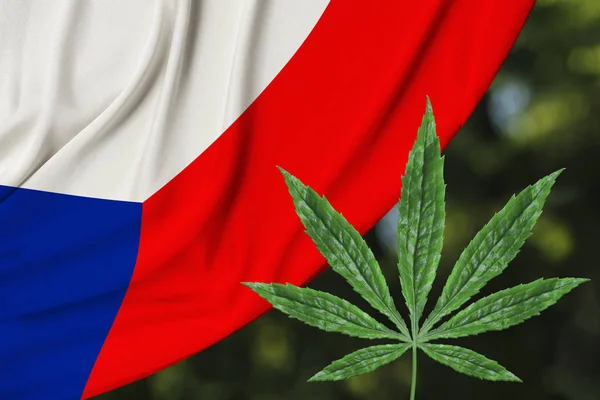 Folha verde de cânhamo e a bela bandeira nacional de seda da república checa, o conceito de cannabis medicinal, legalização de drogas, crimes de tráfico de drogas, close-up — Fotografia de Stock