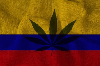 kenevir yeşil yaprak ve Kolombiya güzel ulusal bayrak, tıbbi esrar kavramı, uyuşturucu yasallaştırma, uyuşturucu kaçakçılığı suçları