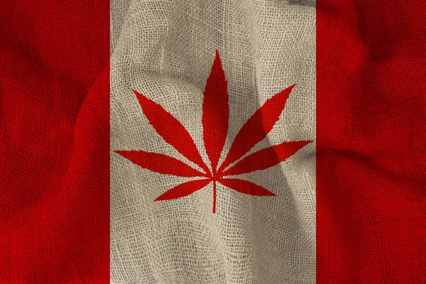 Зеленый лист конопли и красивый национальный флаг Канады, концепция медицинского конопли, легализация наркотиков, торговля наркотиками, крупный план — стоковое фото