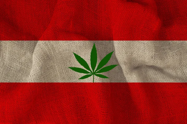 Folha verde de cânhamo e bela bandeira nacional da Áustria, conceito de cannabis medicinal, legalização de drogas, crime de tráfico de drogas, close-up — Fotografia de Stock