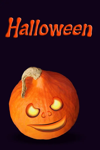 Gyönyörű narancssárga sütőtök egy festett arc egy sötét háttér és a felirat, képeslap, menü, meghívás, üres a tervező, a szimbóluma az őszi vidám Halloween ünnep, másolási hely — Stock Fotó