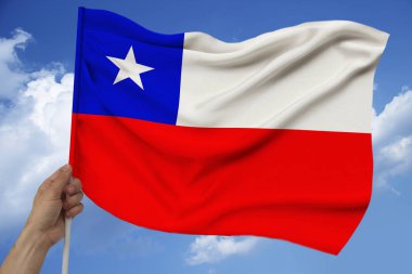 erkek el bulutlar ile gökyüzünün arka planda lüks bir saten doku, dalgalar ile ipek, closeup, kopya alan, seyahat kavramı, ekonomi, polit çek Cumhuriyeti ulusal bayrağı tutar