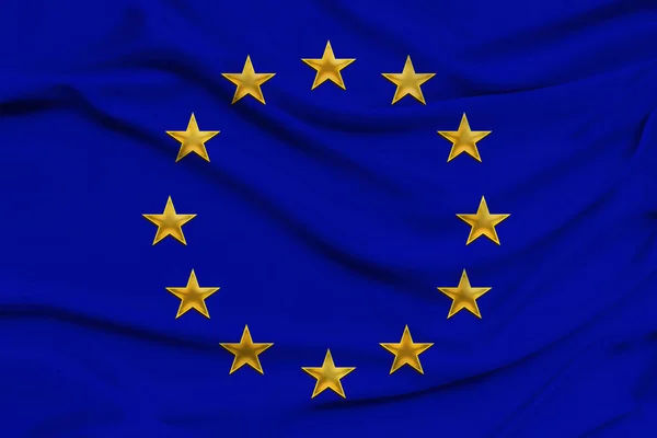 stylized European Union flag, symbol of united Europe on soft silk with soft folds, close-up