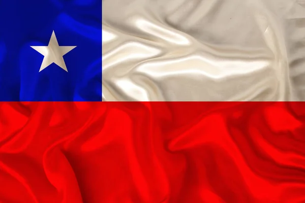 Foto da bandeira nacional do Chile em uma textura luxuosa de cetim, seda com ondas, dobras e destaques, close-up, espaço de cópia, conceito de viagem, economia e política de estado, ilustração — Fotografia de Stock