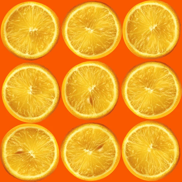 Collage of many photos yellow circle of a lemon with a seed on an orange background, close-up, copy space, seamless texture for wallpaper, for a designer — Stock Photo, Image