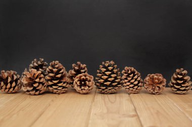 noktalar ve damla, ahşap taban, kartpostal, fotoğraf duvar kağıdı, poster, close-up, kopyalama alanı ile siyah bir arka plan üzerinde orman çam kozalağı