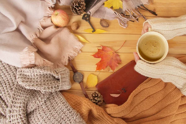 여자의 손에 뜨거운 향기로운 커피 컵, 단풍, 사과, 아늑한 스카프와 니트 스웨터, 전자 책, 평면, 포옹의 개념, 겨울 또는 가을 분위기 — 스톡 사진