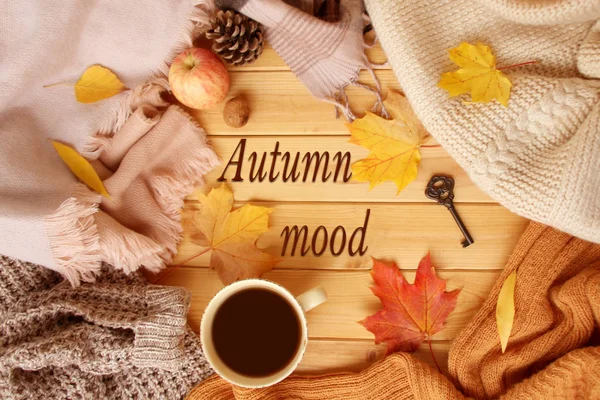 Šálek horkého voňavá čaje, podzimní listí, jablko, útulné šátky a pletené svetry, klíč, byt, koncept Hugg, zimní nebo podzimní nálada — Stock fotografie