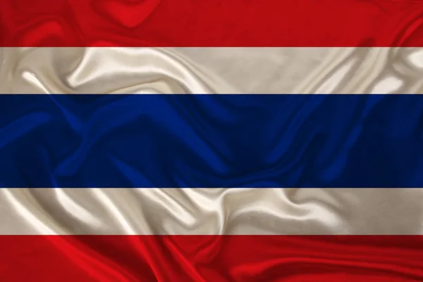 Foto der thailändischen Nationalflagge auf einer luxuriösen Textur aus Satin, Seide mit Wellen, Falten und Highlights, Nahaufnahme, Kopierraum, Reisekonzept, Wirtschafts- und Staatspolitik, Illustration — Stockfoto