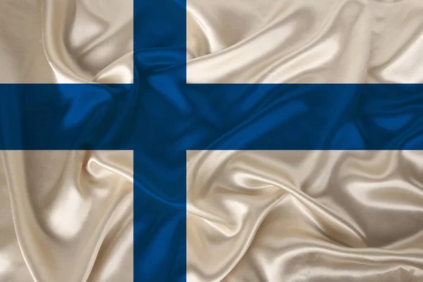 Saten lüks bir doku üzerinde Finlandiya devletinin ulusal bayrağının fotoğraf, dalgalar, kıvrımlar ve vurgular ile ipek, yakın çekim, kopya alanı, illüstrasyon — Stok fotoğraf