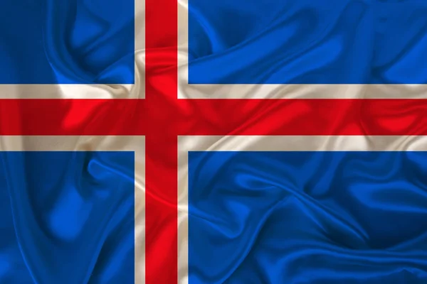 Foto de iceland state bandera nacional en textura lujosa de satén, seda con olas, pliegues y reflejos, primer plano, espacio para copiar, ilustración — Foto de Stock