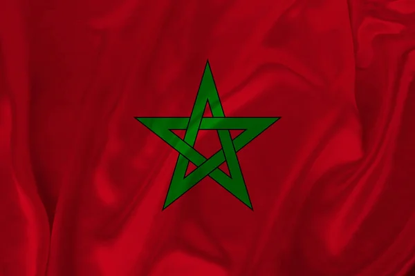 Foto de la bandera nacional del estado de Marruecos sobre una textura de lujo de satén, seda con olas, pliegues y reflejos, primer plano, espacio para copiar, ilustración —  Fotos de Stock