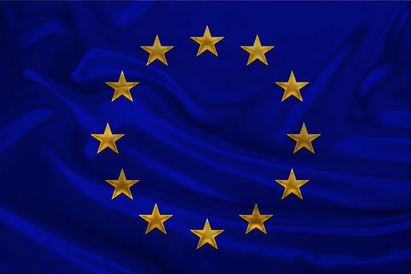 风格化的欧盟旗帜，在柔软的褶皱柔软的丝绸上统一欧洲的象征，特写 — 图库照片