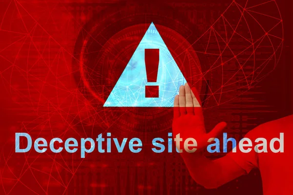 Точка оклику на трикутнику, концептуальна увага на червоному технологічному тлі, концепція Десептичний сайт попереду — стокове фото