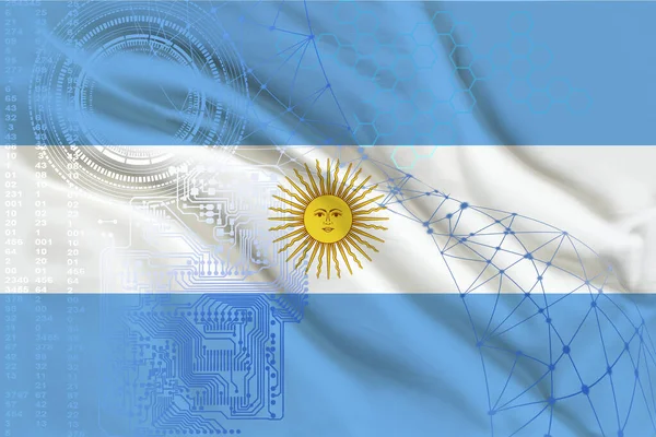 Photo of the national flag of Argentina on a luxurious texture of satin, silk with waves, folds and highlights with technological modern pattern, close-up, copy space, travel concept, economy and stat — Stock Photo, Image