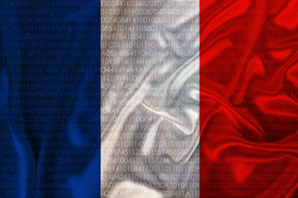 Zdjęcie pięknej kolorowej flagi narodowej współczesnego państwa Francji na teksturowanej tkaninie, koncepcja turystyki, emigracji, ekonomii i polityki, zbliżenie — Zdjęcie stockowe