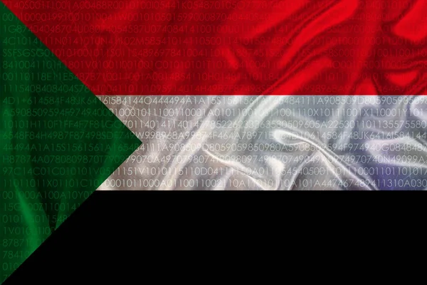 Foto da bela bandeira nacional colorida do estado moderno do Sudão em um tecido texturizado, conceito de turismo, emigração, economia e política, close-up — Fotografia de Stock