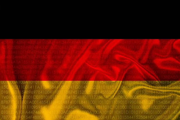 Foto da bela bandeira nacional colorida do estado moderno da Alemanha em tecido texturizado, conceito de turismo, emigração, economia e política, close-up — Fotografia de Stock