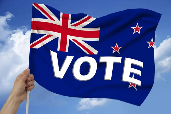 Foto da bela bandeira nacional colorida do estado moderno da Nova Zelândia em tecido texturizado, conceito de turismo, emigração, economia e política, close-up — Fotografia de Stock