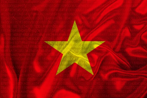Warna indah bendera nasional negara vietnam pada kain dengan teknologi modern pola, closeup — Stok Foto