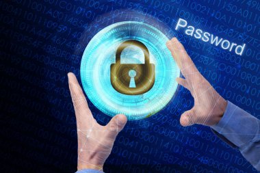 Ağ arabirimini kullanarak, teknolojik arka plan üzerinde erkek el.