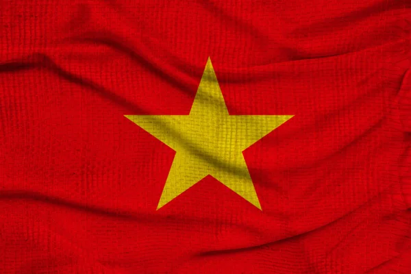 Foto yang indah dari bendera nasional berwarna negara modern Vietnam pada kain bertekstur, konsep pariwisata, emigrasi, ekonomi dan politik, closeup — Stok Foto