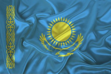 Modern Kazakistan devletinin renkli ulusal bayrağının güzel bir fotoğrafı dokulu kumaş, turizm, göç, ekonomi ve siyaset konsepti, yakın plan