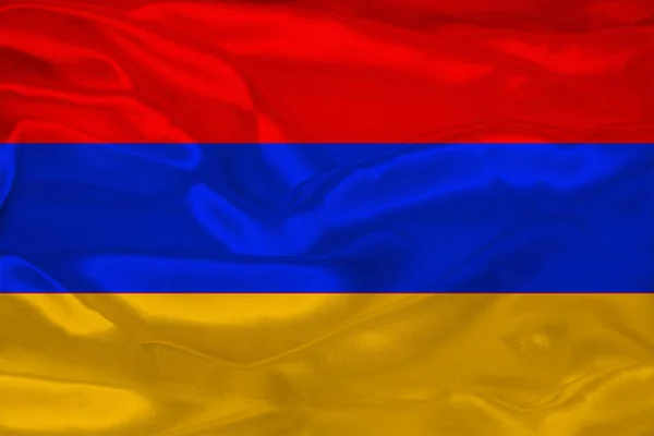 Schönes Foto der farbigen Nationalflagge des modernen Staates Armenien auf strukturiertem Stoff, Konzept von Tourismus, Auswanderung, Wirtschaft und Politik, Nahaufnahme — Stockfoto