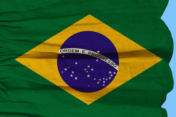 Красивая фотография цветного национального флага современного штата Бразилия на текстурной ткани, концепции туризма, эмиграции, экономики и политики, крупным планом — стоковое фото