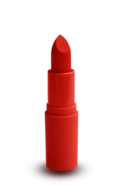 白い背景の女性のための赤い口紅、隔離された装飾的な化粧品の概念、クローズアップ — ストック写真