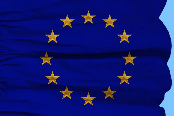 아름다운 색상의 유럽 연합 깃발의 근접 사진, 직물에 그려진 유럽의 상징, 관광, 이민, 경제와 정치의 개념, 클로즈업 — 스톡 사진