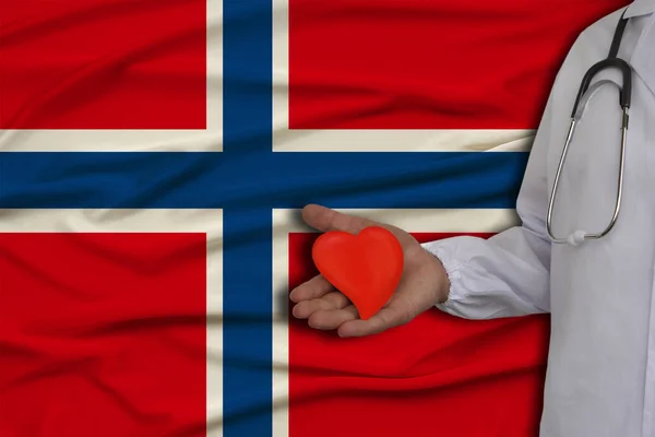 ノルウェーの国旗を背景に心臓を手に聴診器を持った医師の写真、医療、心臓病、健康保険の概念 — ストック写真