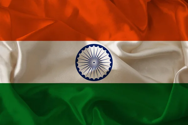 Gyönyörű fénykép a színes nemzeti zászló a modern állam India egy texturált szövet, koncepció a turizmus, kivándorlás, gazdaság és politika, közelkép — Stock Fotó
